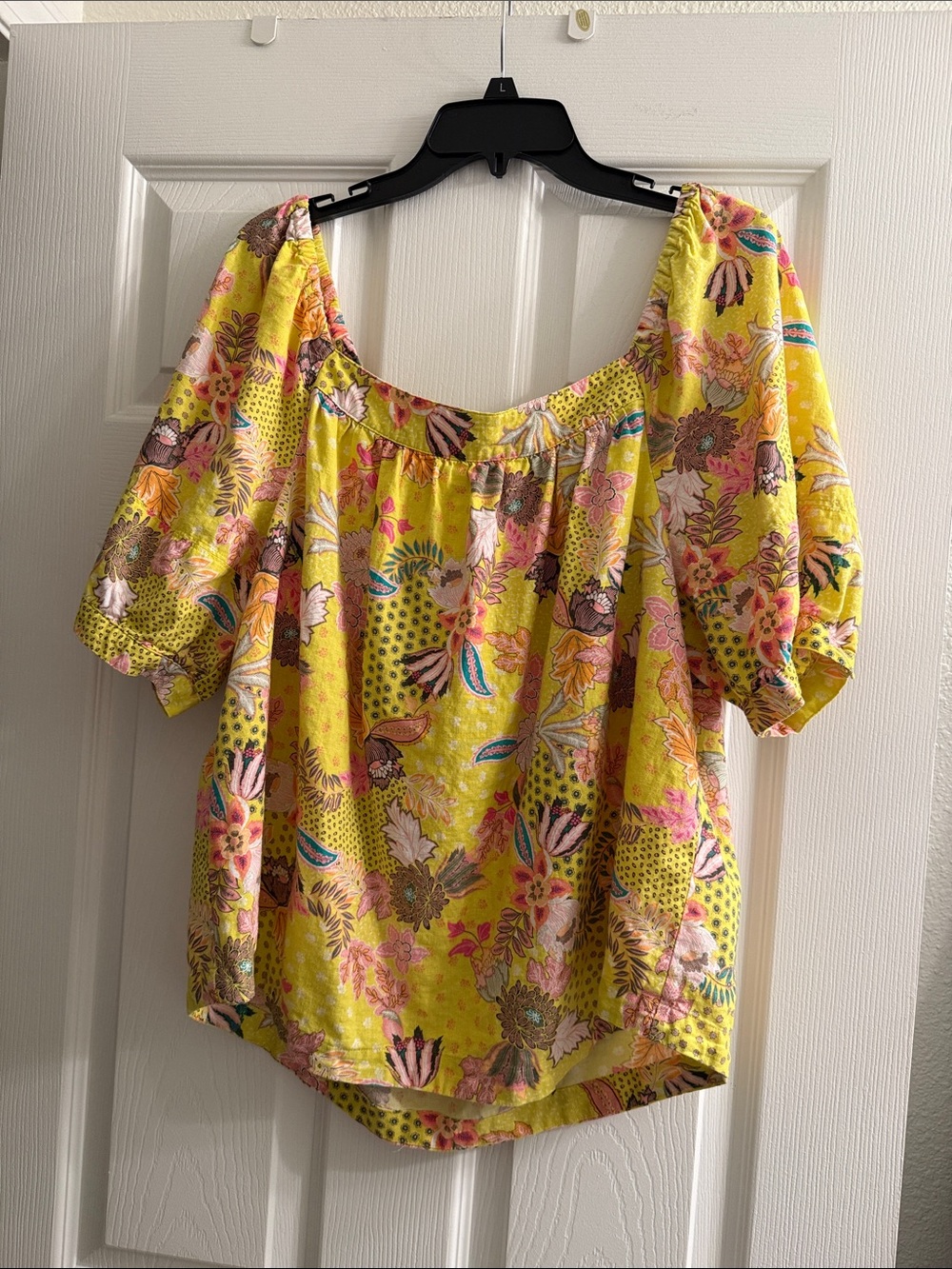 LOFT Yellow Floral Linen Blend Square Neckline Puff Sleeve Tropical Blouse XL